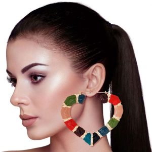 Boucle d'Oreille Créoles en Bambou Coeur Multicolore